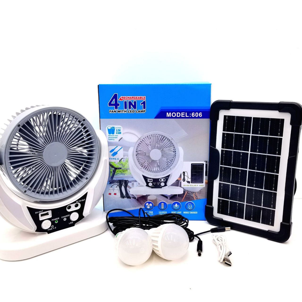 Kit de ventilateur et de lampe LED rechargeable 4 en 1, modèle 606, avec panneau solaire.