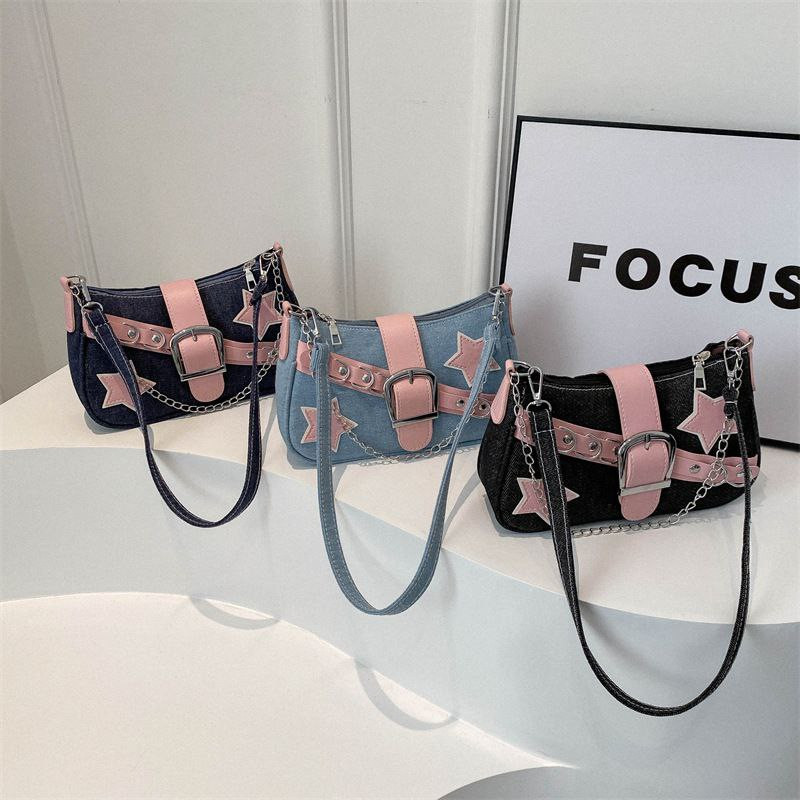 Sac sous les bras pour femme avec étoile nouveau décontracté denim chaîne portable épaule sous les bras
