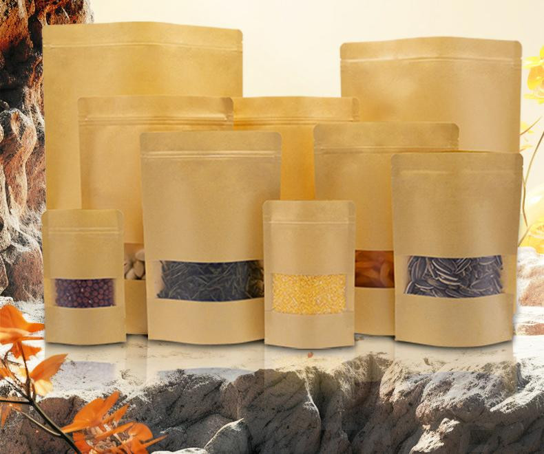 Fenêtre ouverte Sac en papier kraft fabricant en gros de sacs auto-exceptionnels Sac d'emballage alimentaire de nourriture séchée sac auto-sécurisé